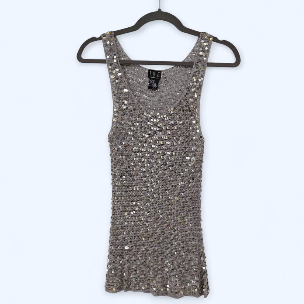 Metallic Silver Sequin Open Knit Crochet Tank Top Mesh Party Cami c. 2004